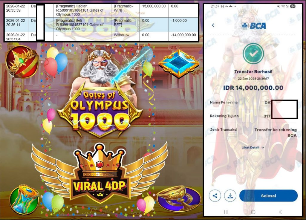 VIRAL4DP JACKPOT PRAGMATIC GATES OF OLYMPUS 1000 Rp.14.000.000,- LUNAS