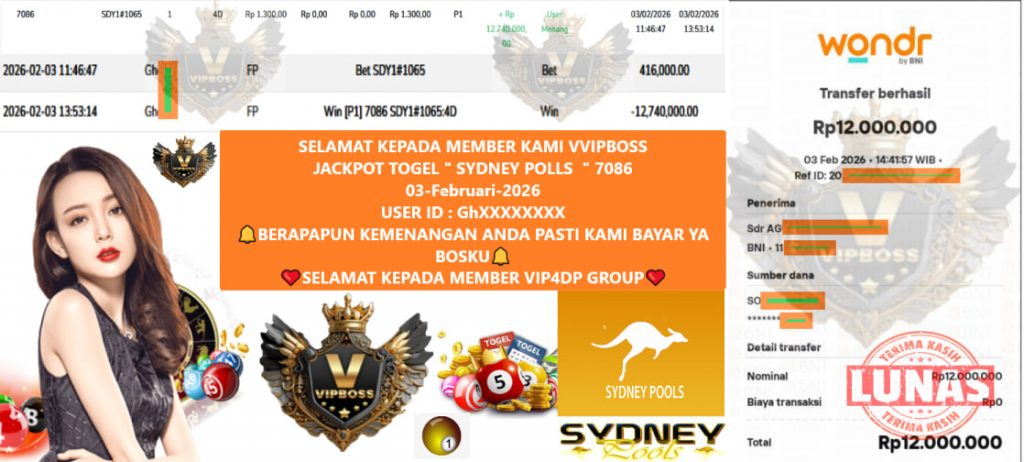 VVIPBOSS JACKPOT TOGEL SYDNEY POLLS (7086) Rp.12.000.000,- LUNAS