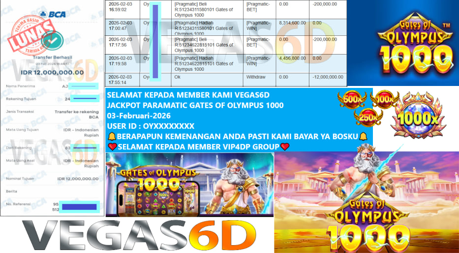 VEGAS6D JACKPOT PRAGMATIC GATES OF OLYMPUS 1000 Rp.12.000.000,- LUNAS