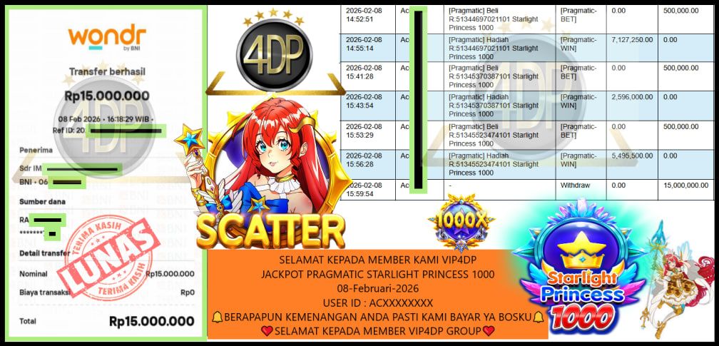 VIP4DP JACKPOT PRAGMATIC STARLIGHT PRINCESS 1000 Rp.15.000.000,- LUNAS