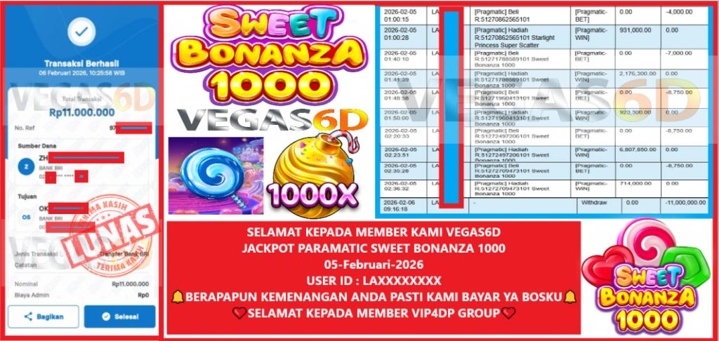 VEGAS6D JACKPOT PRAGMATIC SWEET BONANZA 1000 Rp.11.000.000,- LUNAS