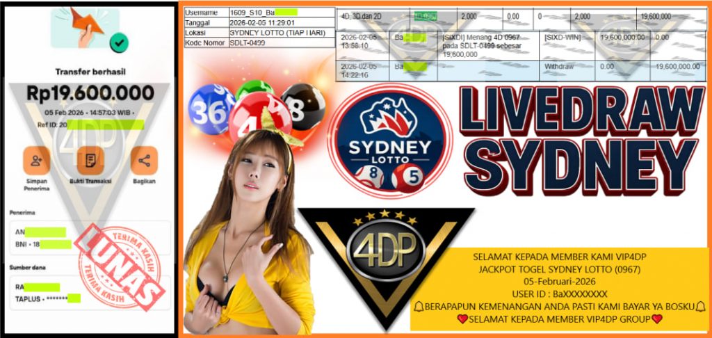 VIP4DP JACKPOT TOGEL SYDNEY LOTTO (0967) Rp.19.600.000,- LUNAS