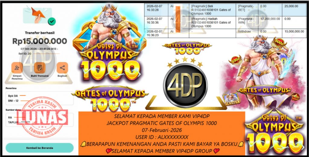 VIP4DP JACKPOT PRAGMATIC GATES OF OLYMPIS 1000 Rp.15.000.000,- LUNAS