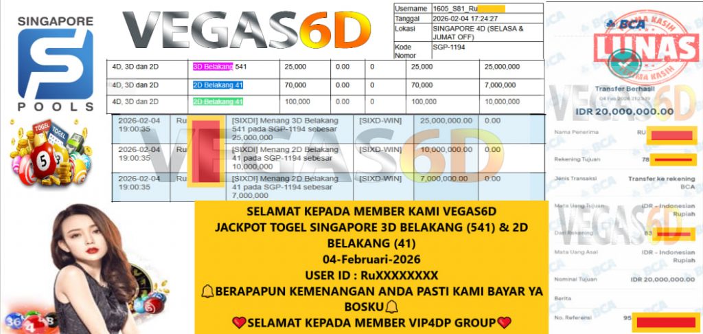 VEGAS6D JACKPOT TOGEL SINGAPORE 3D BELAKANG (541) & 2D BELAKANG (41) Rp.20.000.000,- LUNAS