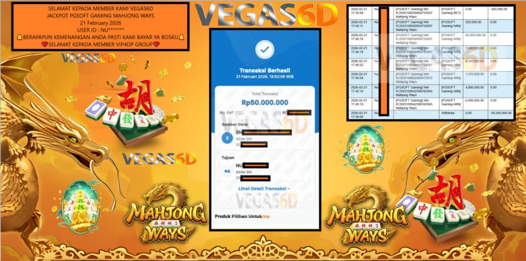 VEGAS6D JACKPOT PGSOFT GAMING MAHJONG WAYS Rp.100.000.000,- LUNAS