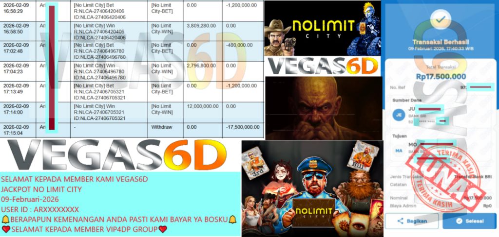VEGAS6D JACKPOT NO LIMIT CITY Rp.17.500.000,- LUNAS