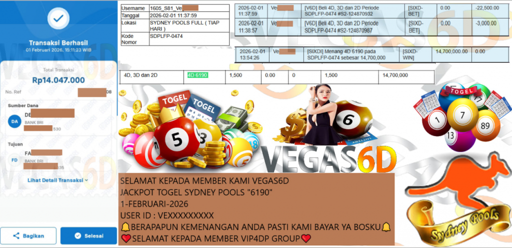 VEGAS6D JACKPOT TOGEL SYDNEY POOLS “6190” Rp.14.047.000,- LUNAS
