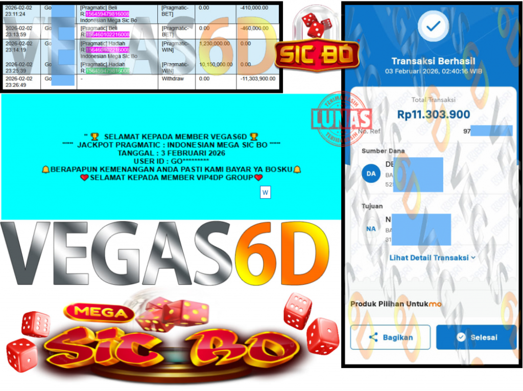 VEGAS6D JACKPOT PRAGMATIC INDONESIAN MEGA SIC BO Rp.11.303.900,- LUNAS
