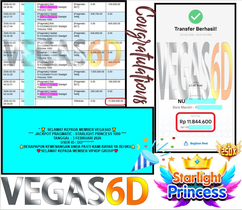 VEGAS6D JACKPOT PRAGMATIC STARLIGHT PRINCESS 1000 Rp.11.844.600,- LUNAS