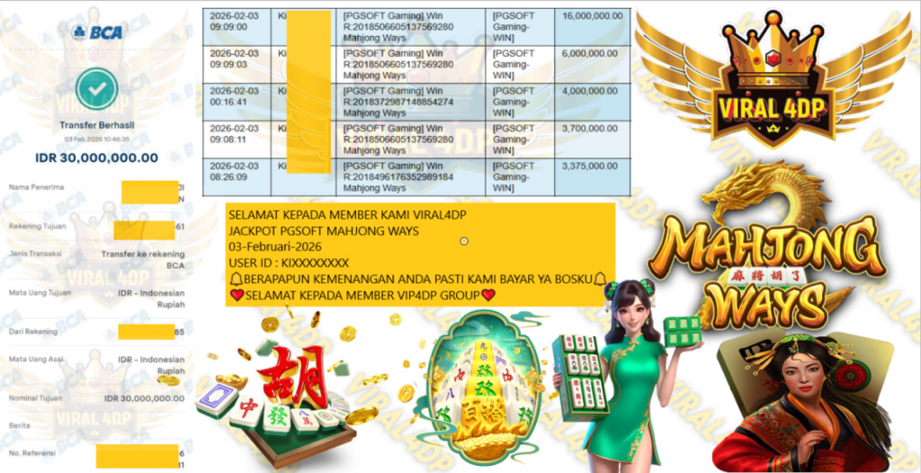 VIRAL4DP JACKPOT PGSOFT MAHJONG WAYS Rp.30.000.000,- LUNAS