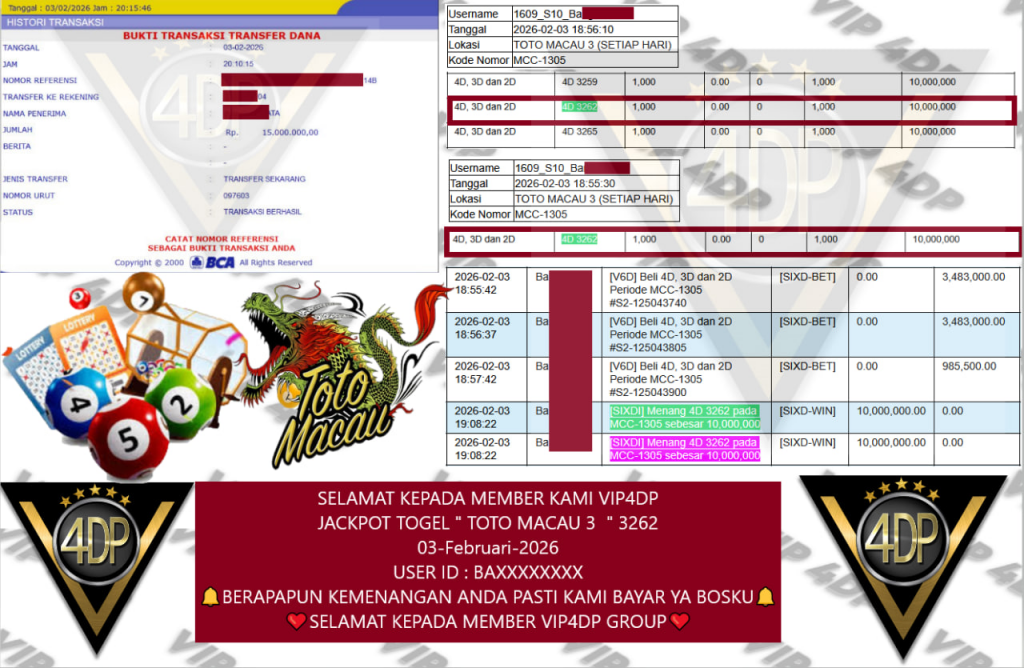 VIP4DP JACKPOT TOGEL TOTO MACAU 3 (3262) Rp.15.000.000,- LUNAS
