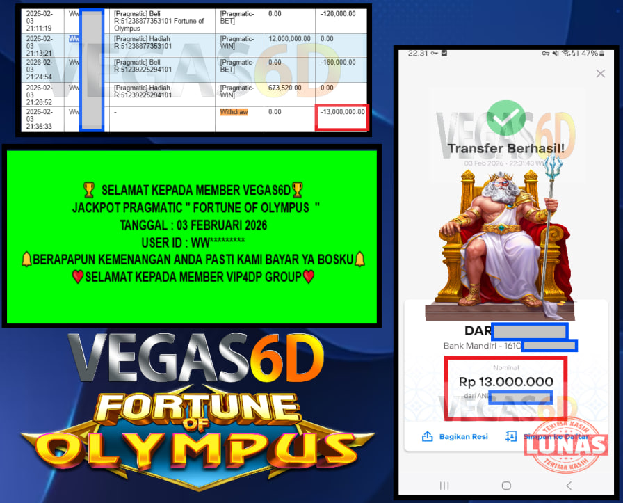 VEGAS6D JACKPOT PRAGMATIC FORTUNE OF OLYMPUS Rp.13.000.000,- LUNAS
