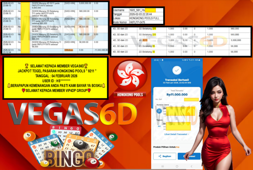 VEGAS6D JACKPOT TOGEL PASARAN HONGKONG POOLS (9211) Rp.11.000.000,- LUNAS