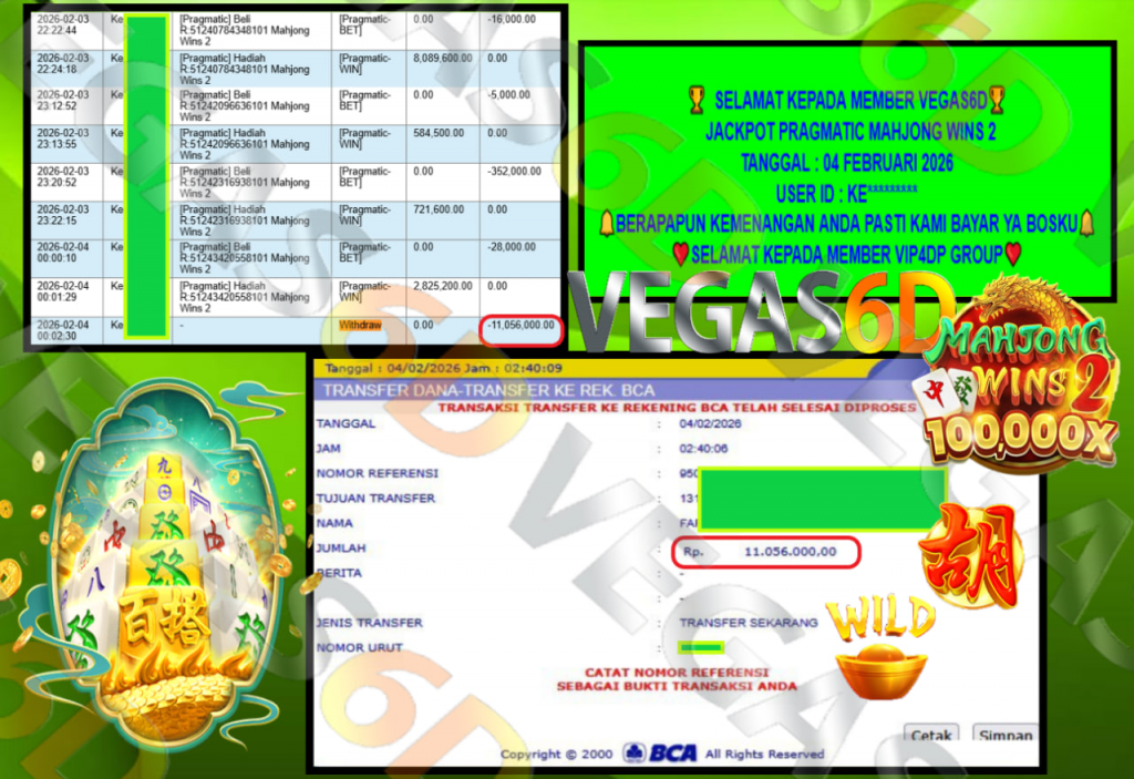 VEGAS6D JACKPOT PRAGMATIC MAHJONG WINS 2 Rp.11.056.000,- LUNAS
