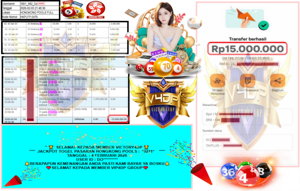 VICTORY4DP JACKPOT TOGEL PASARAN HONGKONG POOLS (9211) Rp.15.000.000,- LUNAS