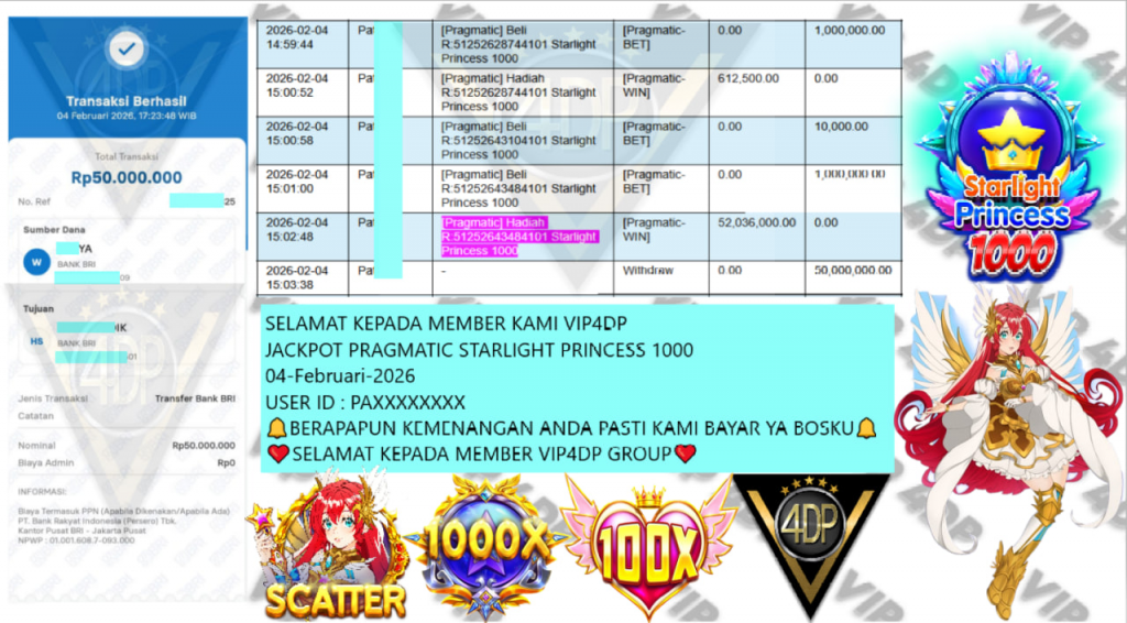 VIP4DP JACKPOT PRAGMATIC STARLIGHT PRINCESS 1000 Rp.50.000.000,- LUNAS
