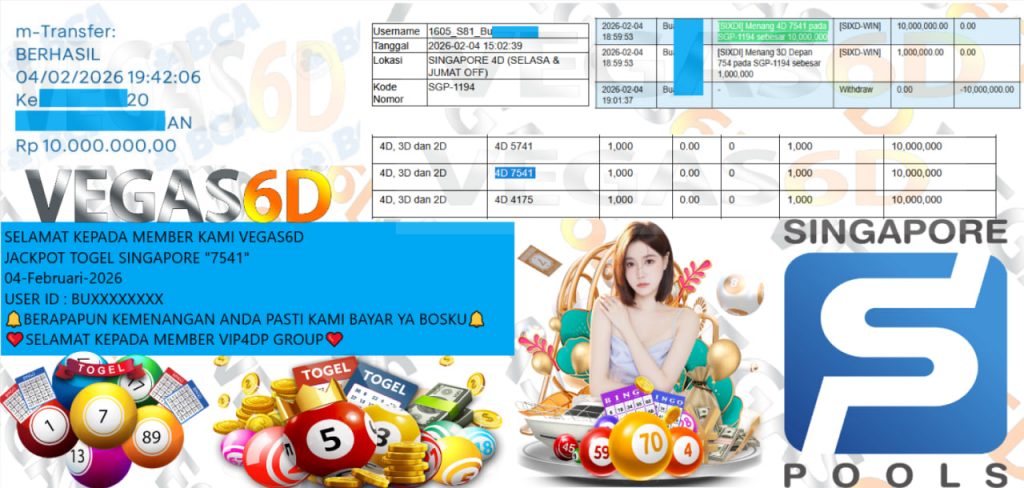 VEGAS6D JACKPOT TOGEL SINGAPORE “7541” Rp.10.000.000,- LUNAS