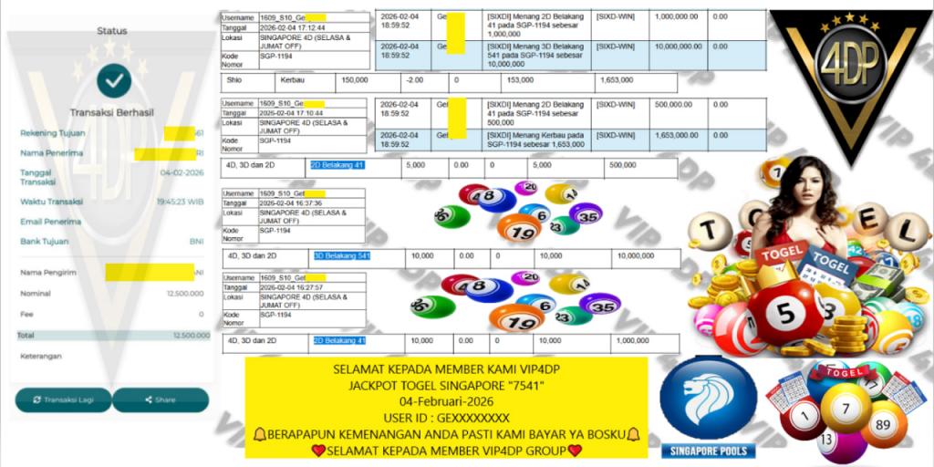 VEGAS6D JACKPOT TOGEL SINGAPORE “7541” Rp.12.500.000,- LUNAS