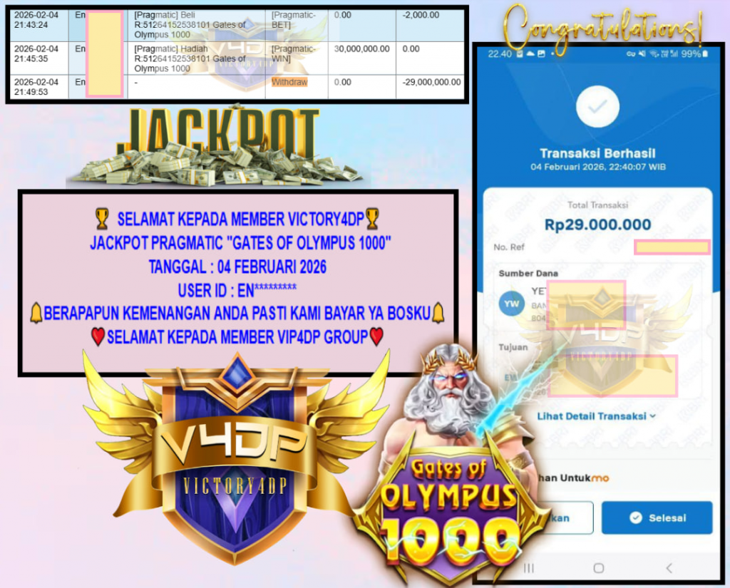 VICTORY4DP JACKPOT PRAGMATIC GATES OF OLYMPUS 1000 Rp.29.000.000,- LUNAS