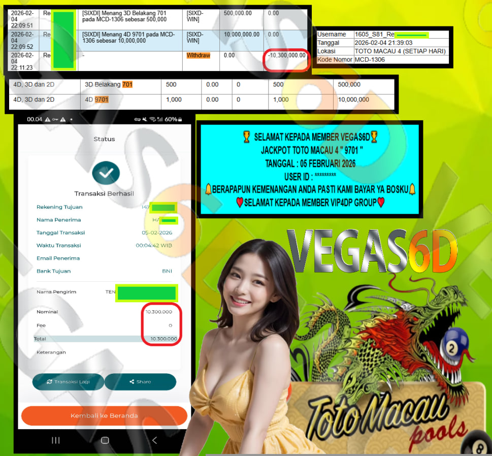 VEGAS6D JACKPOT TOTO MACAU 4 “9701” Rp.10.300.000,- LUNAS