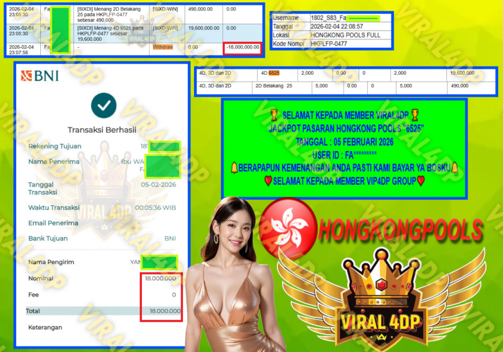 VIRAL4DP JACKPOT TOGEL PASARAN HONGKONG POOLS (6252) Rp.18.000.000,- LUNAS