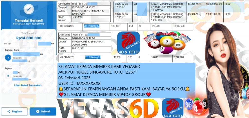 VEGAS6D JACKPOT TOGEL SINGAPORE 2D BELAKANG (67) Rp.14.000.000,- LUNAS