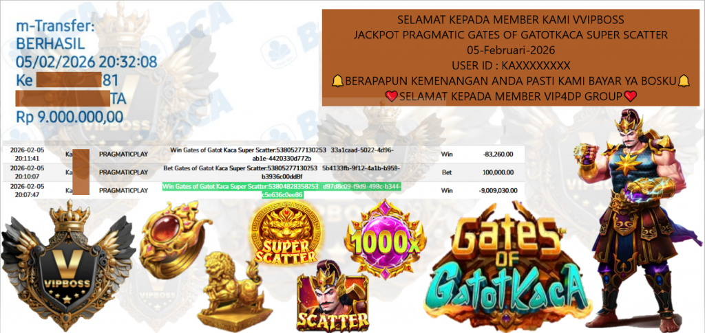 VVIPBOSS JACKPOT PRAGMATIC GATES OF GATOTKACA SUPER SCATTER Rp.9.000.000,- LUNAS