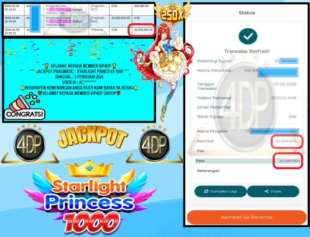VIP4DP JACKPOT PRAGMATIC STARLIGHT PRINCESS 1000 Rp.32.000.000,- LUNAS