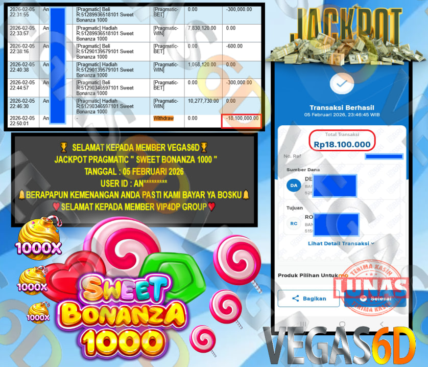 VEGAS6D JACKPOT PRAGMATIC SWEET BONANZA 1000 Rp.18.100.000,- LUNAS