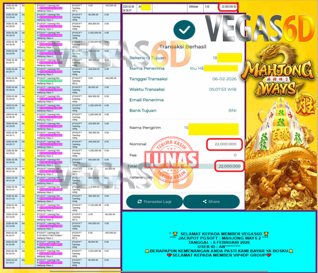 VEGAS6D JACKPOT PGSOFT MAHJONG WAYS 2 Rp.22.000.000,- LUNAS