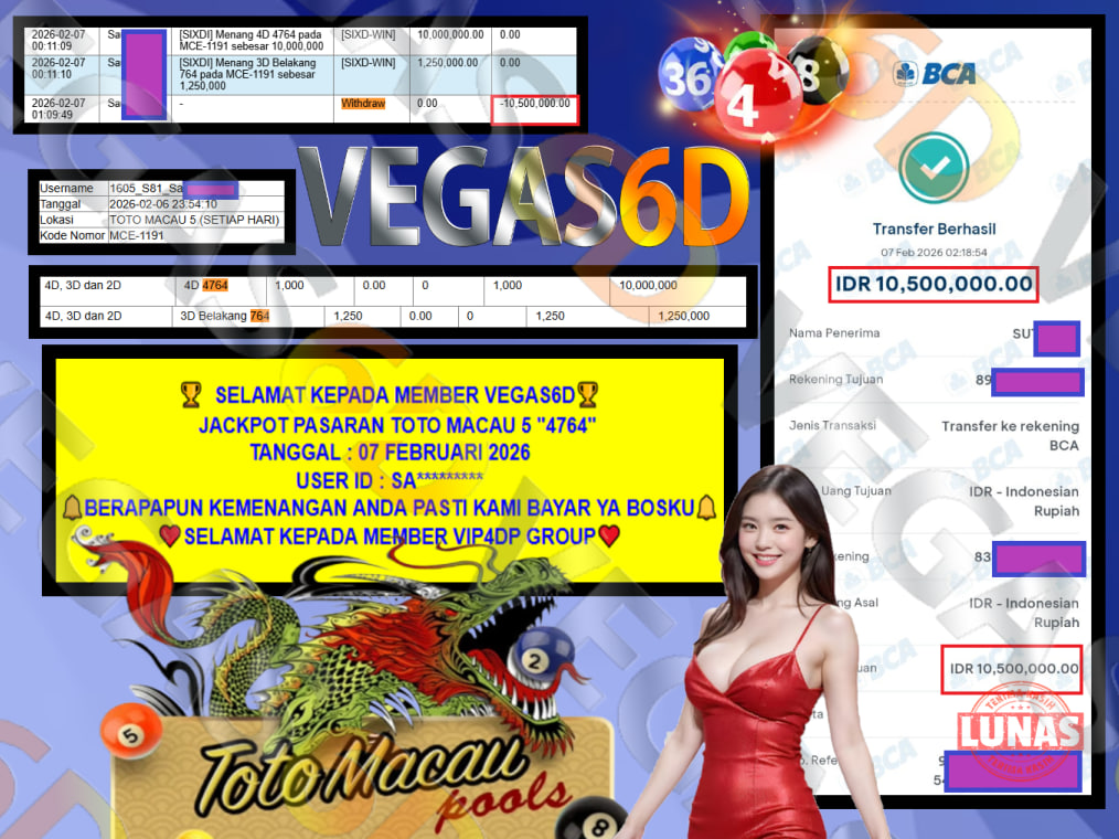 VEGAS6D JACKPOT PASARAN TOTO MACAU 5 “4764” Rp.10.500.000,- LUNAS