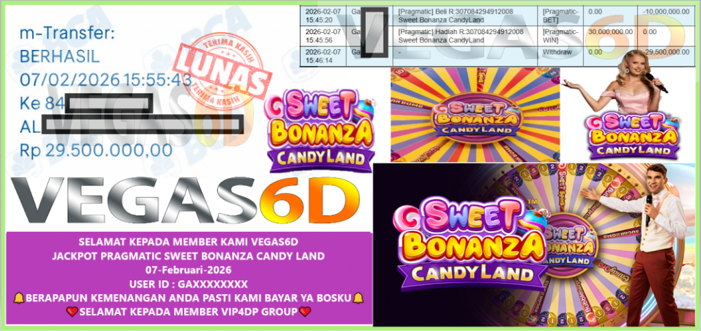 VEGAS6D JACKPOT PRAGMATIC SWEET BONANZA CANDY LAND Rp.29.500.000,- LUNAS