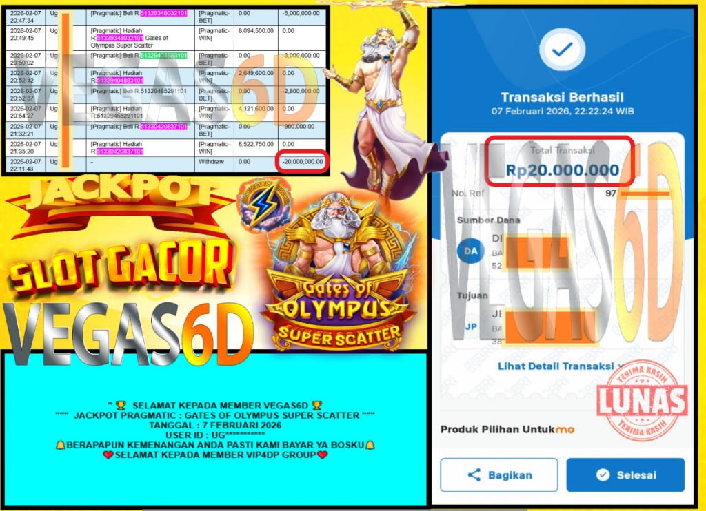 VEGAS6D JACKPOT PRAGMATIC GATES OF OLYMPUS SUPER SCATTER Rp.20.000.000,- LUNAS