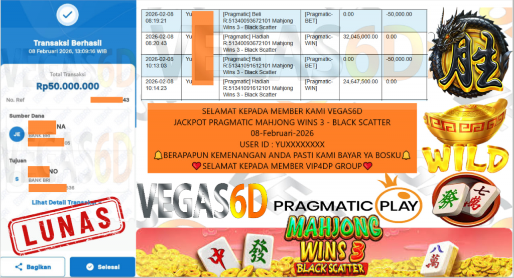 VEGAS6D JACKPOT PRAGMATIC MAHJONG WINS 3 – BLACK SCATTER Rp.50.000.000,- LUNAS