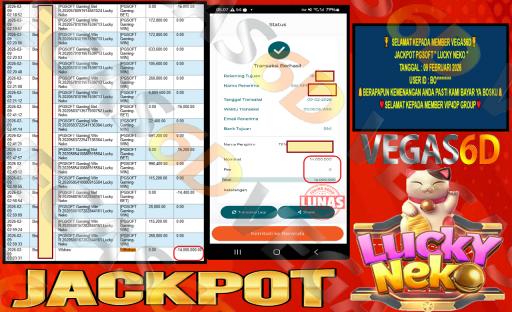 VEGAS6D JACKPOT PGSOFT LUCKY NEKO Rp.14.000.000,- LUNAS