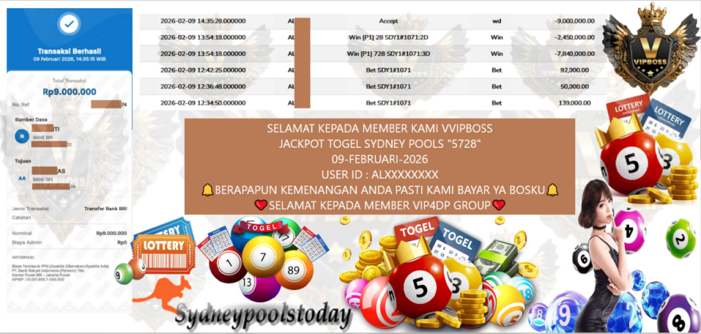 VVIPBOSS JACKPOT TOGEL SYDNEY POOLS “5728” Rp.9.000.000,- LUNAS