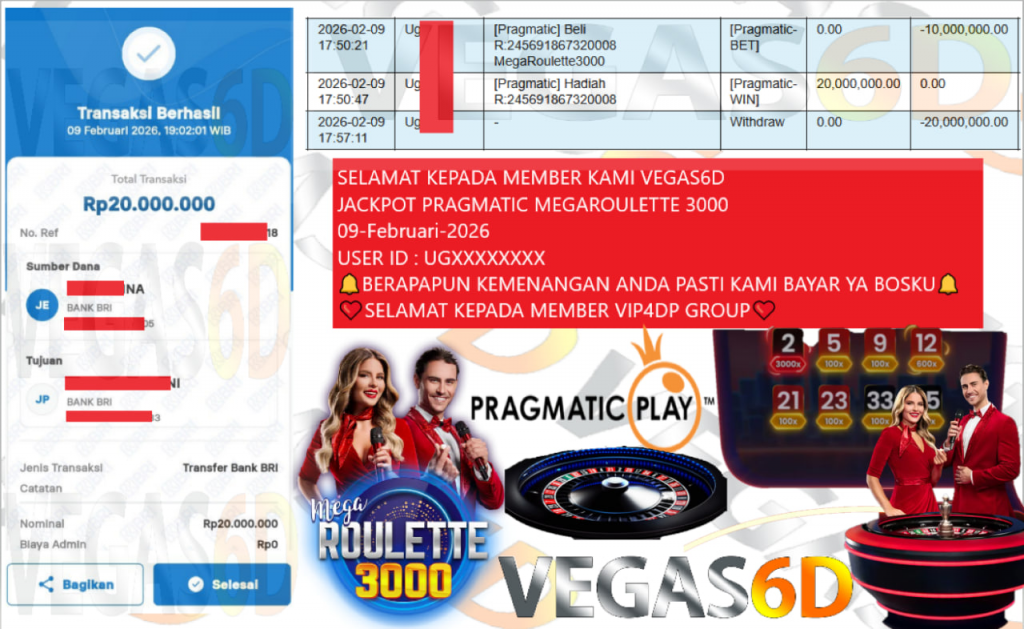 VEGAS6D JACKPOT PRAGMATIC MEGA ROULETTE 3000 Rp.20.000.000,- LUNAS