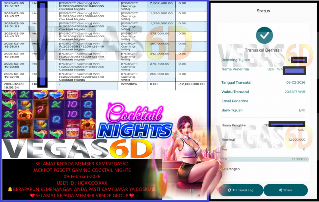 VEGAS6D JACKPOT PGSOFT GAMING COCKTAIL NIGHTS Rp.12.000.000,- LUNAS