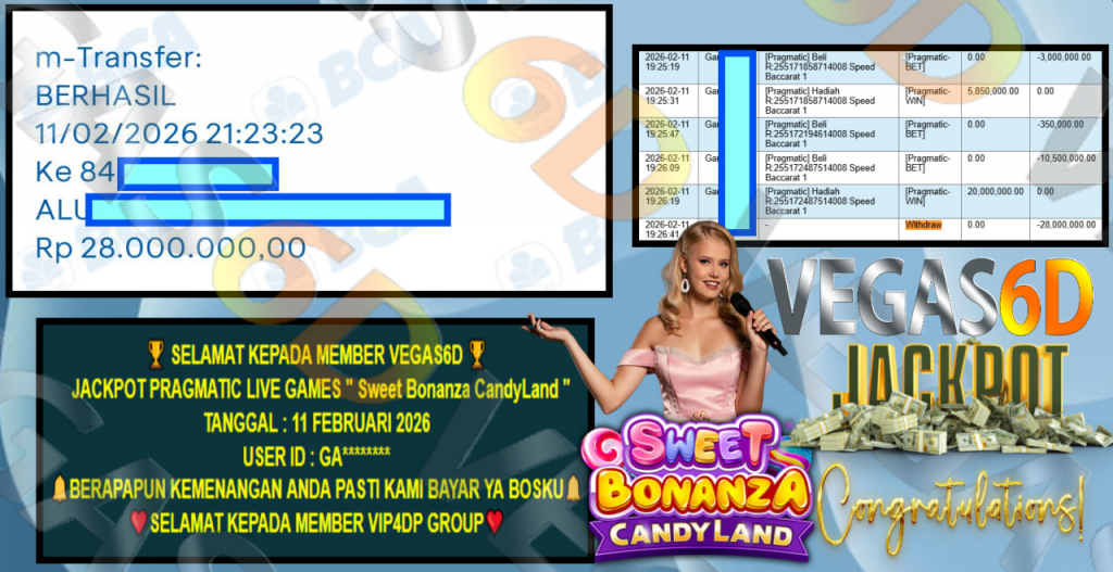 VEGAS6D JACKPOT PRAGMATIC LIVE GAMES SWEET BONANZA CANDYLAND Rp.28.000.000,- LUNAS