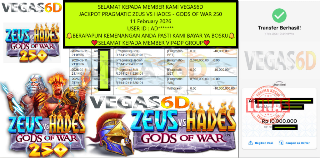 VEGAS6D JACKPOT PRAGMATIC ZEUS VS HADES – GODS OF WAR 250 Rp.10.000.000,- LUNAS