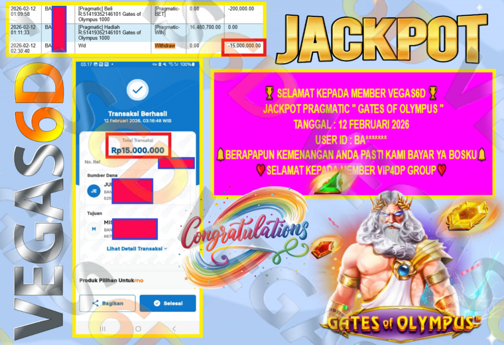 VEGAS6D JACKPOT PRAGMATIC GATES OF OLYMPUS Rp.15.000.000,- LUNAS