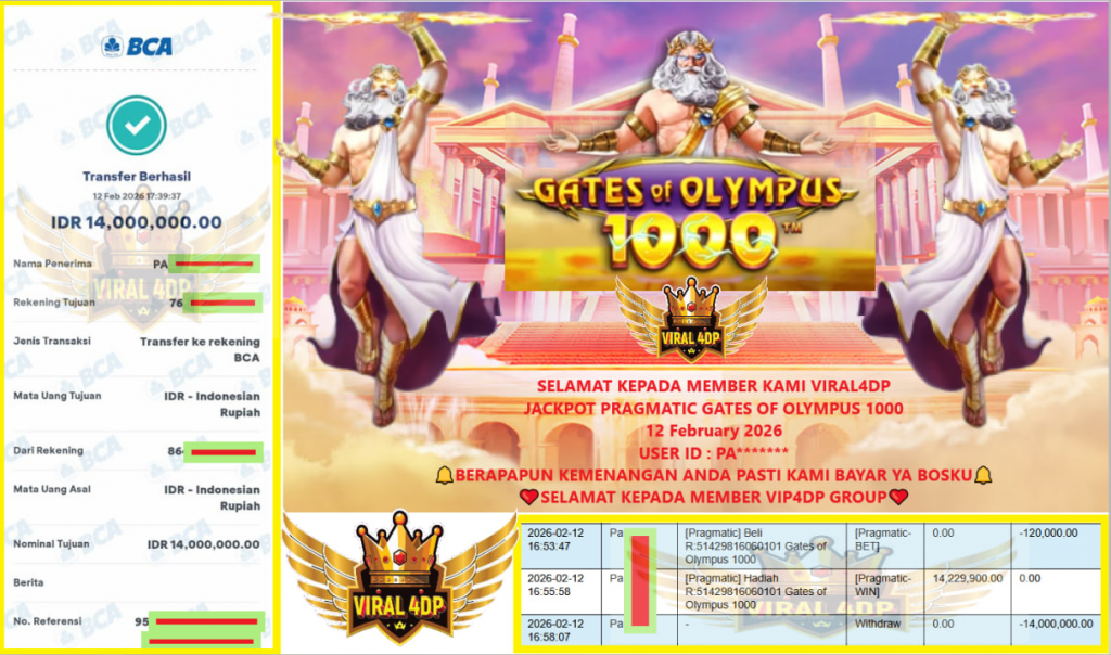 VIRAL4DP JACKPOT PRAGMATIC GATES OF OLYMPUS 1000 Rp.14.000.000,- LUNAS