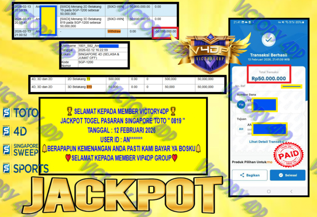 VICTORY4DP JACKPOT TOGEL PASARAN SINGAPORE TOTO ” 0819 ” Rp.99.600.000,- LUNAS