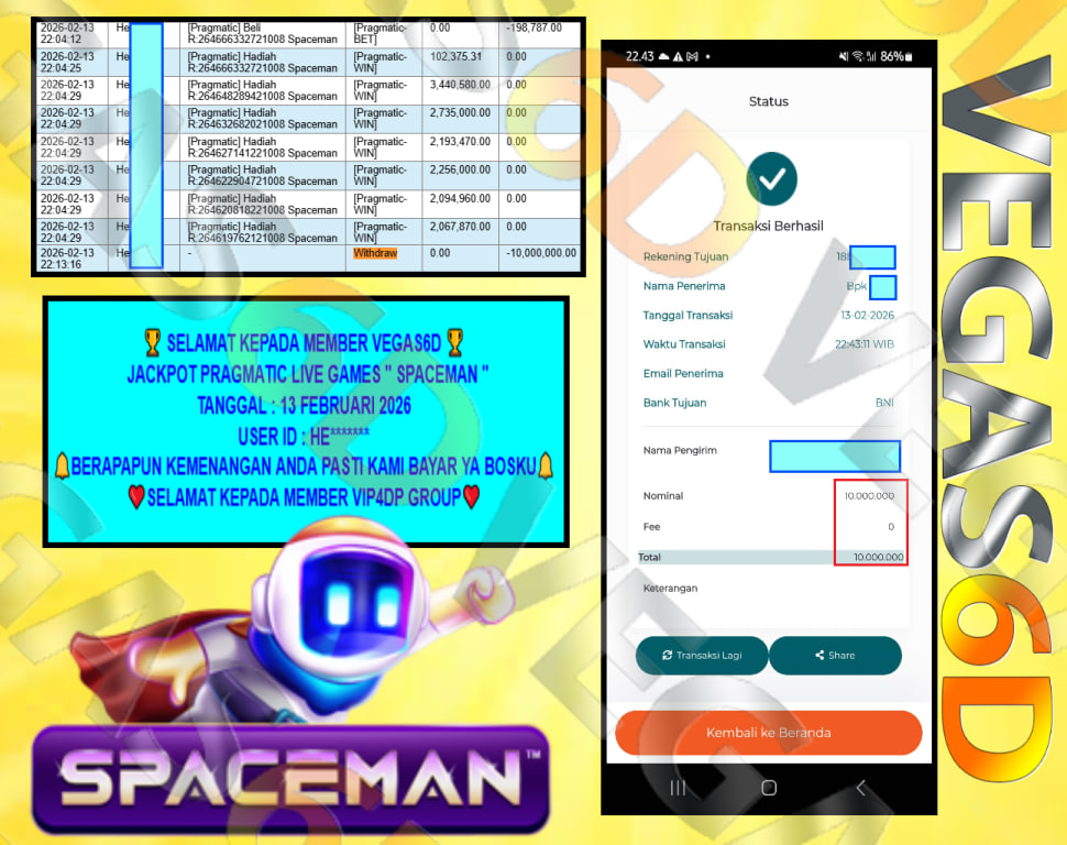 VEGAS6D JACKPOT PRAGMATIC LIVE GAMES SPACEMAN Rp.10.000.000,- LUNAS
