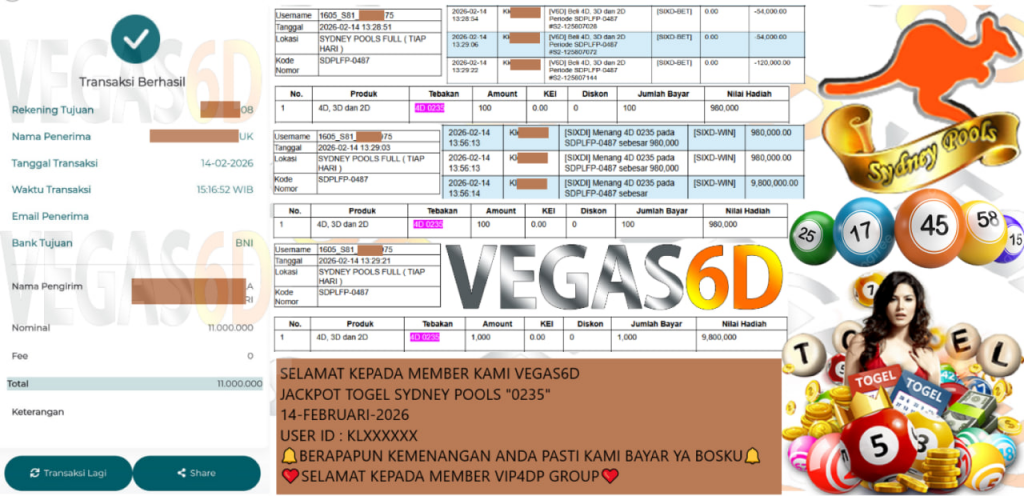 VEGAS6D JACKPOT TOGEL SYDNEY POOLS “0235” Rp.11.000.000,- LUNAS