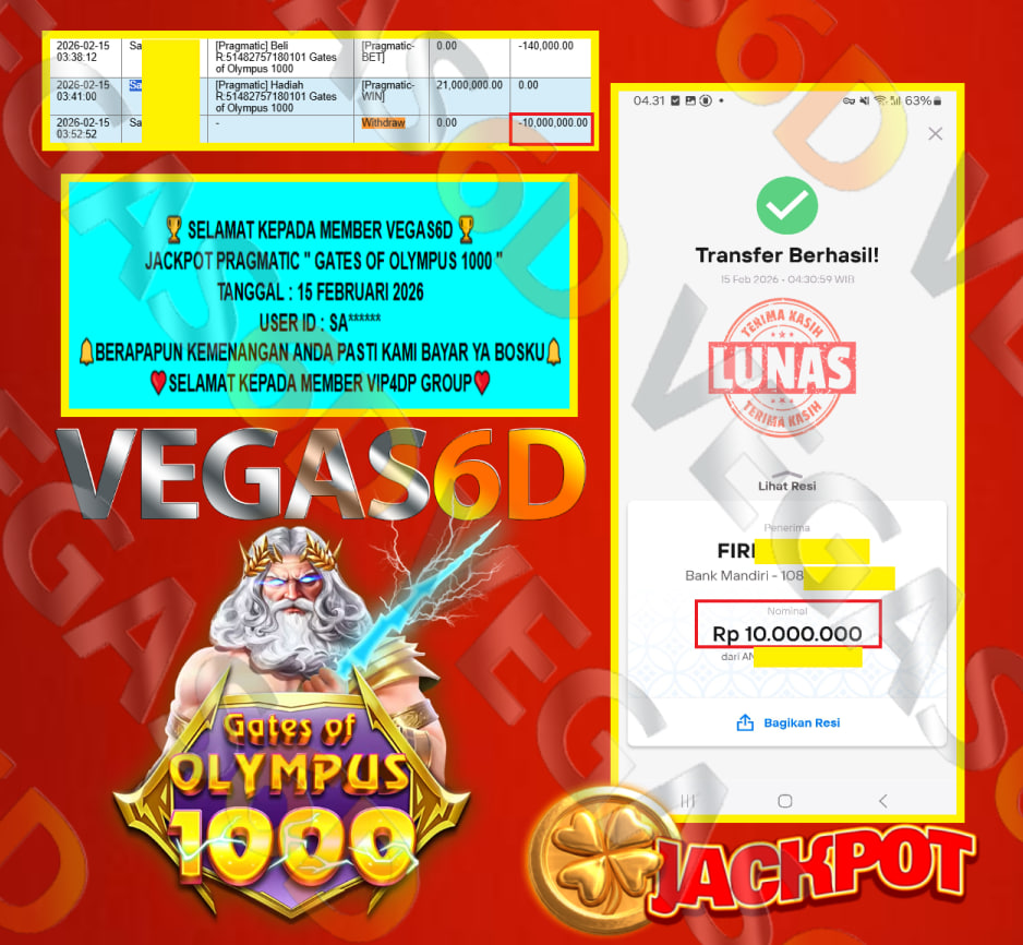 VEGAS6D JACKPOT PRAGMATIC GATES OF OLYMPUS 1000 Rp.21.500.000,- LUNAS