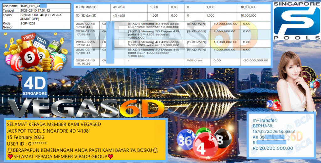 VEGAS6D JACKPOT TOGEL SINGAPORE 4D ‘4198’ Rp.20.000.000,- LUNAS