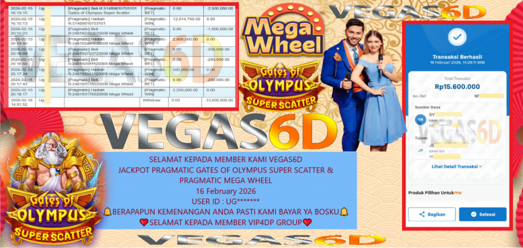 VEGAS6D JACKPOT PRAGMATIC GATES OF OLYMPUS SUPER SCATTER & PRAGMATIC MEGA WHEEL Rp.15.600.000,- LUNAS