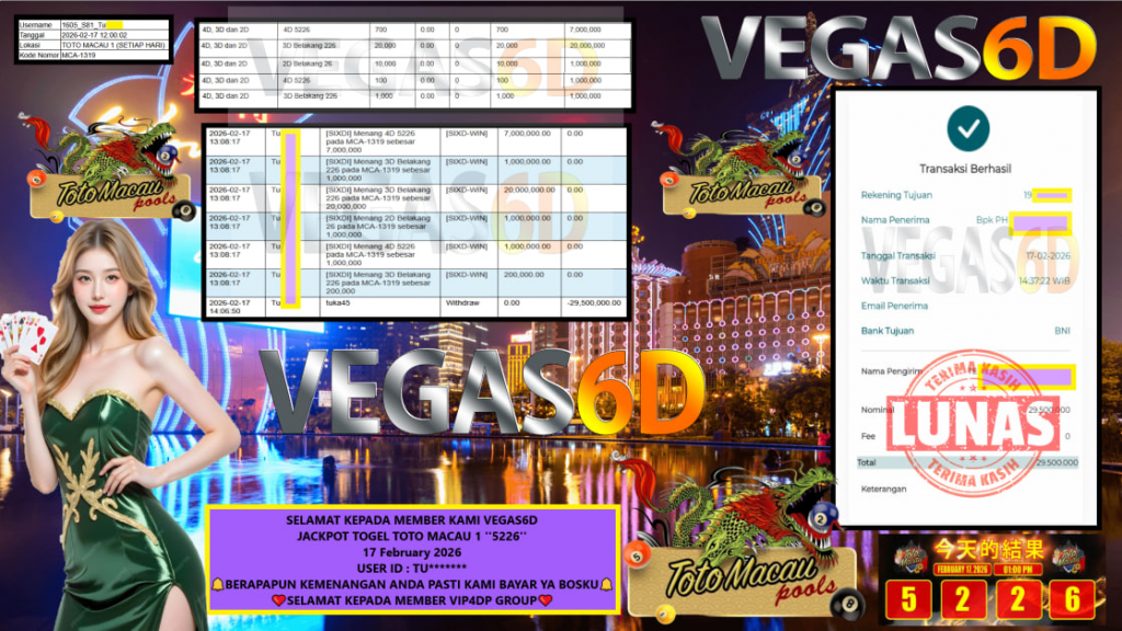 VEGAS6D JACKPOT TOGEL TOTO MACAU1 ”5226” Rp.29.500.000,- LUNAS