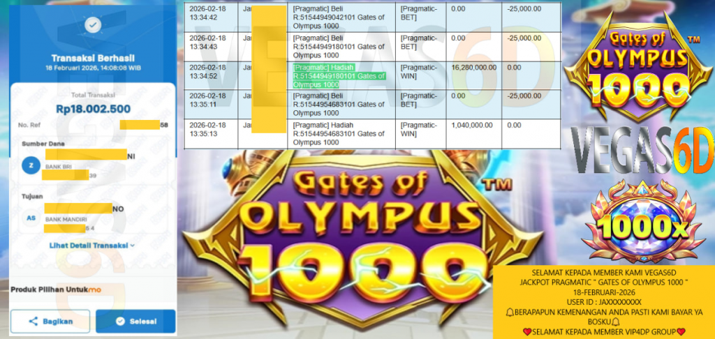 VEGAS6D JACKPOT PRAGMATIC GATES OF OLYMPUS 1000 Rp.18.000.000,- LUNAS